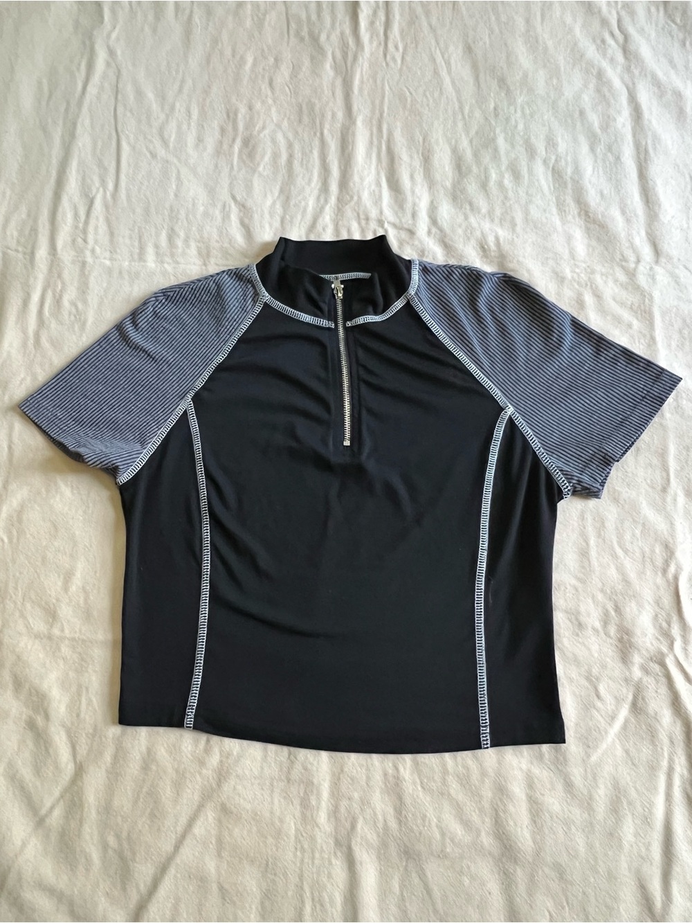 SHEIN Black Short Sleeve Zip Top with Gray Striped Sleeves